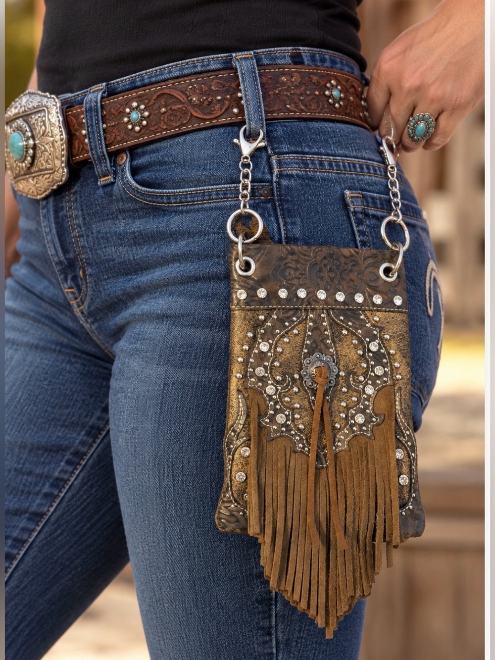 Western/Boho Bling Fringe Belt Bag Tooled Leather Look Hip Pouch Purse 6"x8"